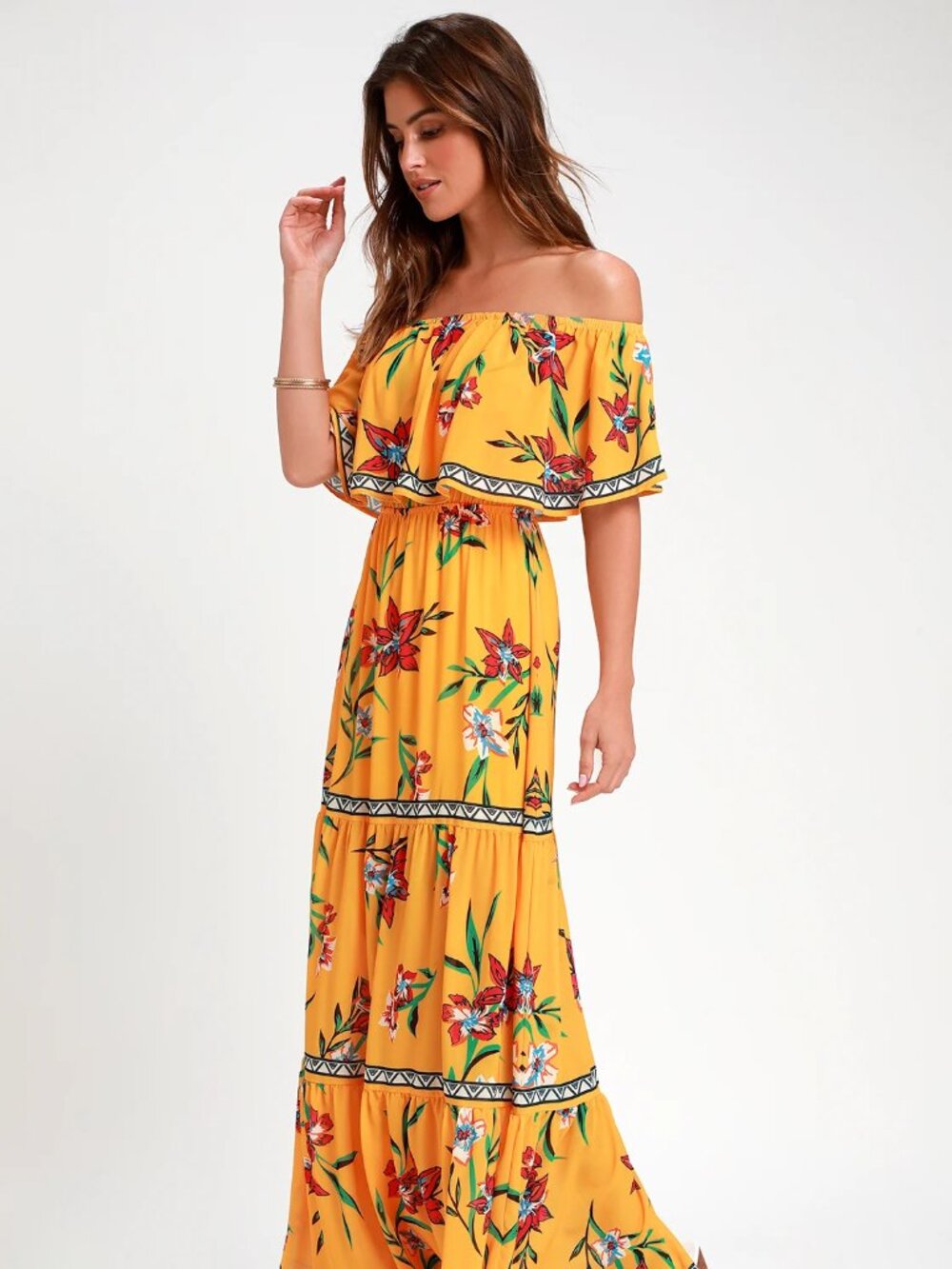 Yellow floral off-the-shoulder sleeveless maxi dress Lulus size M